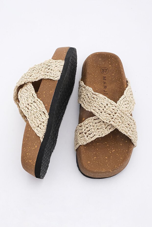 Beigefarbene Stroh-Slipper für Damen - Pilzmuster, überkreuzte Riemen - 7