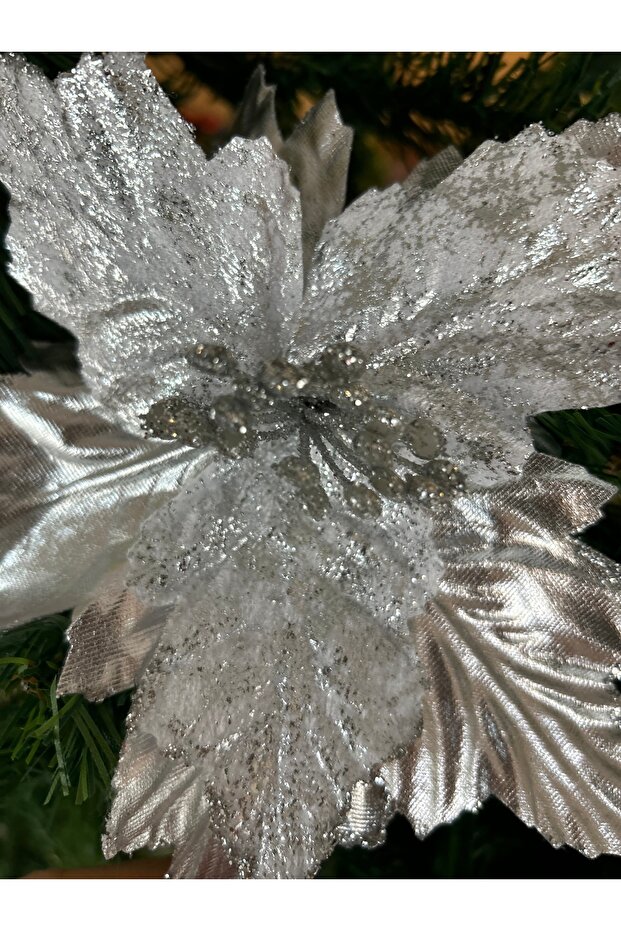 Yılbaşı AğacıParlak  Gümüş Simli Renk Lüks Çiçek Süs 25 Cm 1 Ad - Yılbaşı Süsü - 2