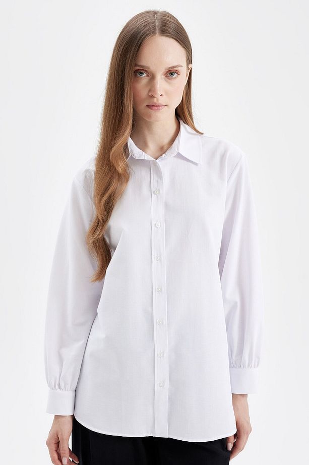 Beyaz Relax Fit Gömlek Yaka Poplin Basic Düz Uzun Kollu Gömlek Tunik D4159ax24au - 1