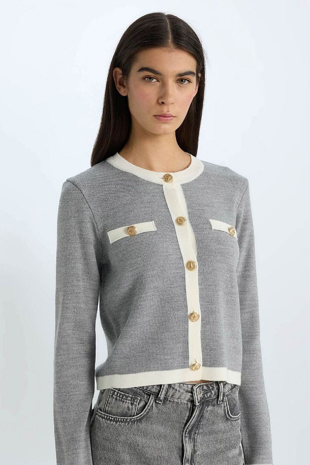 Regular Fit Bisiklet Yaka Düğmeli Basic Düz Triko Hırka C1482ax24wn - 1