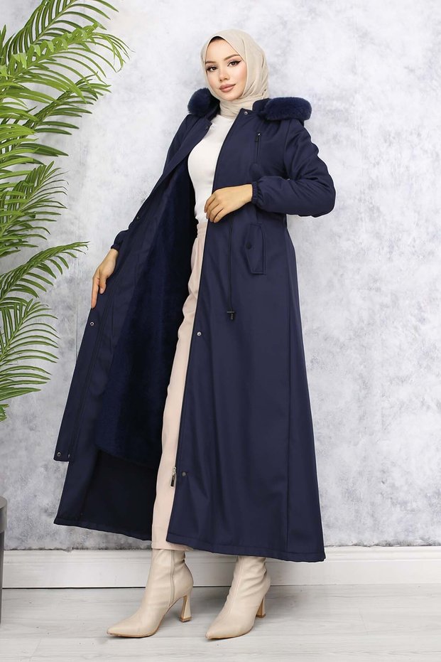 Navy Blue Plush Collar Sheepskin Long Bondit Coat - 1050
