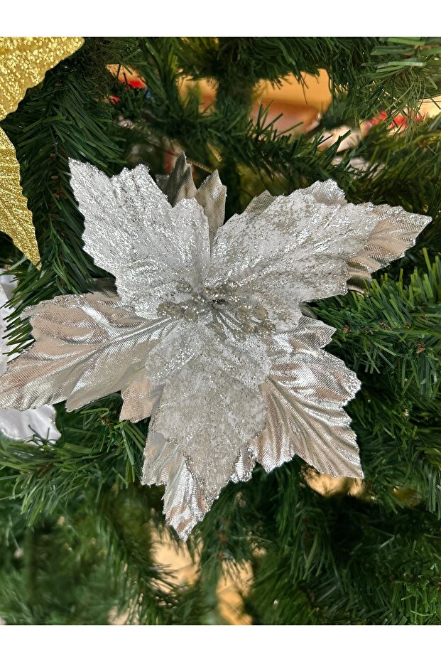 Yılbaşı AğacıParlak  Gümüş Simli Renk Lüks Çiçek Süs 25 Cm 1 Ad - Yılbaşı Süsü - 1