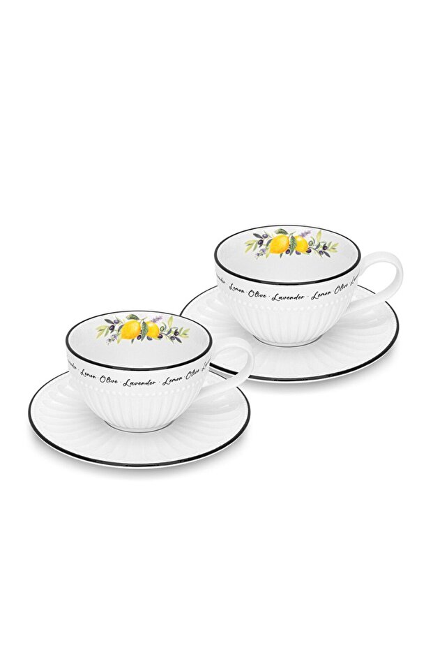 Set of 2 Cups Lemon Provence Series 250 ml With Saucers Porcelain
