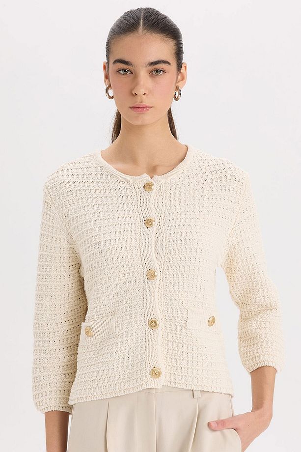 Regular Fit Bisiklet Yaka Dokulu Düğmeli Triko Hırka D3304ax24wn - 1