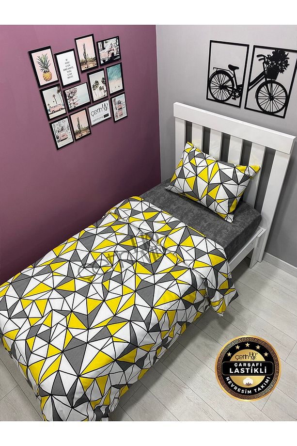 Çetinhome Çarşafı Lastikli Tek Kişilik Nevresim Takımı Sarı Piramit - 1