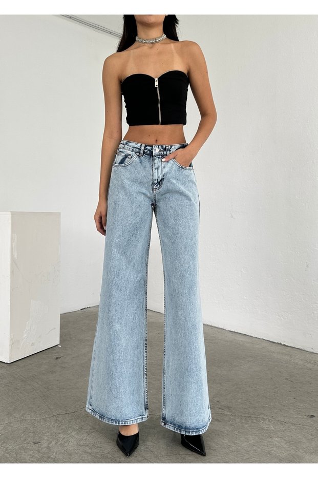 Women's Blue Snow Wash High Waist Straight Jeans