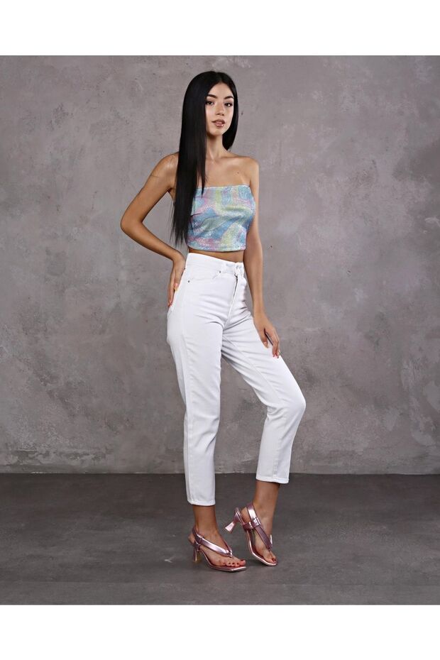 Women's White Denim Jeans Button Detailed High Waist Mom Jean New 2024