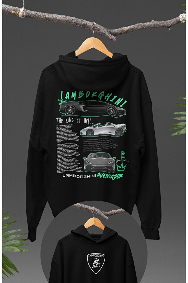 Oversize Lamborghini Back Print Hooded Sweatshirt, Unisex Racing Car Themed Hoodie