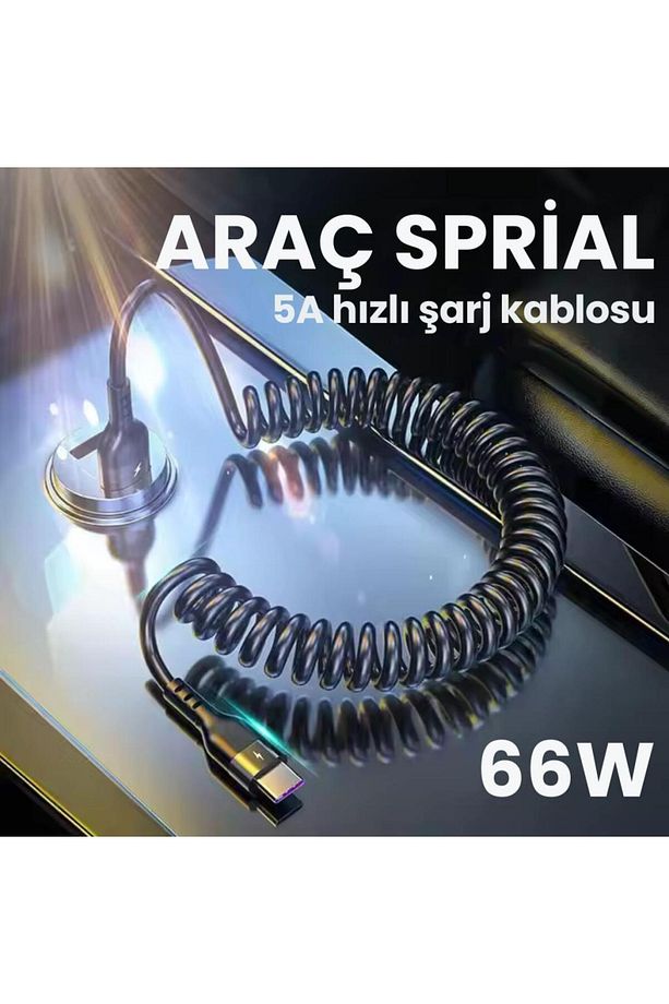 5a 66w Spiral Usb To Type C Şarj Ve Data Kablosu,1-1,5 Metre Kısayıp Uzayabilen Elastik Kablo - 2