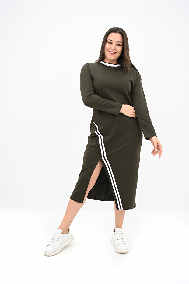 Women's Plus Size Double Stripe Detail Long Dress 5279-25