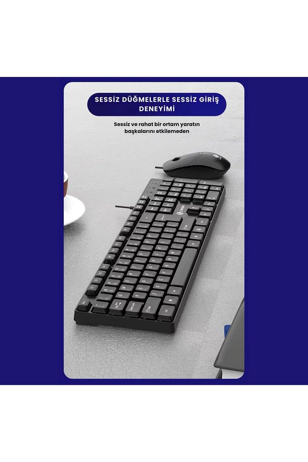 Sessiz Yumuşak Tuşlu Ofis Bilgisayar Laptop Kablolu Klavye Ve Mouse Seti 104 Tuşlu Q Klavye - 3