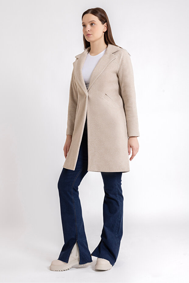 Kadın Taş Tek Düğme İçi Astarlı Oversize Kaşe Kaban - 5