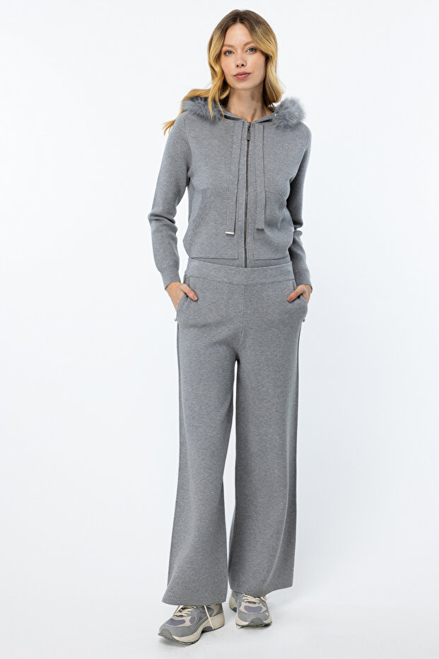 Cebi Taş Detaylı Geniş Paça Pantolon - 1