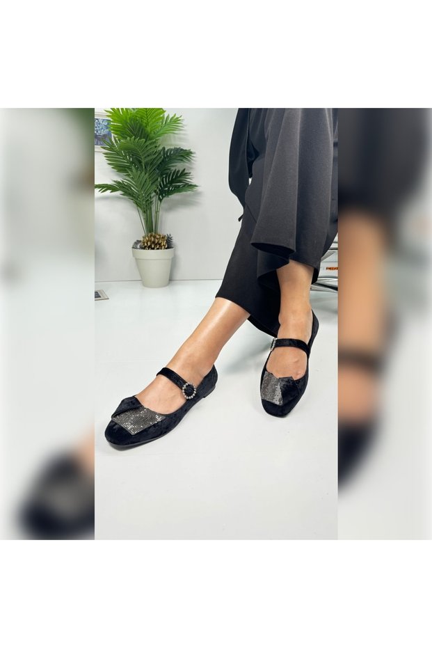 Daily Women's Black Velvet Stone Ballerina Ballet Flats with Single Strap Buckle Oval Toe Serrated Sole Shoes 285