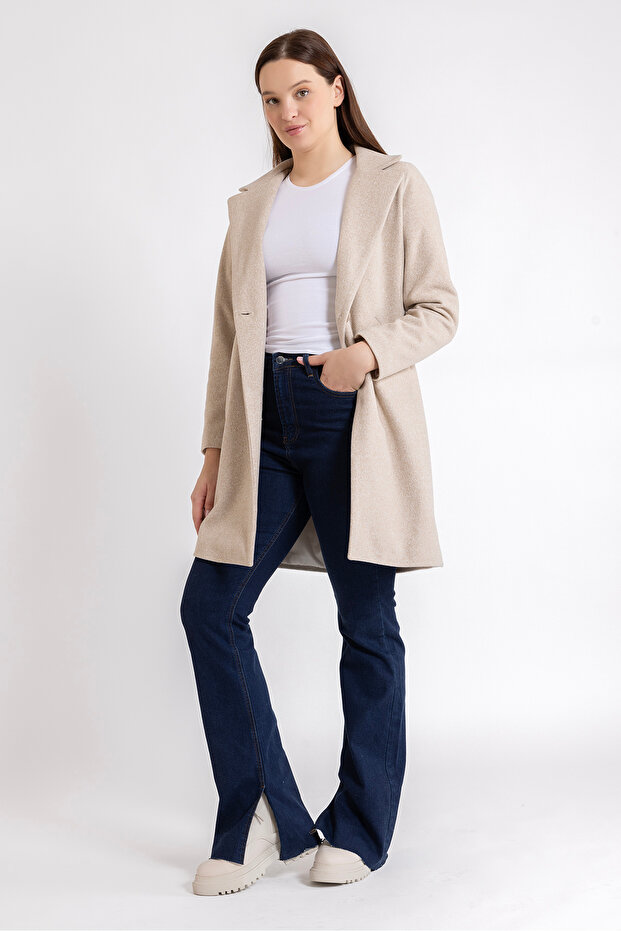Kadın Taş Tek Düğme İçi Astarlı Oversize Kaşe Kaban - 2