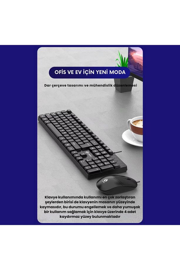 Sessiz Yumuşak Tuşlu Ofis Bilgisayar Laptop Kablolu Klavye Ve Mouse Seti 104 Tuşlu Q Klavye - 4