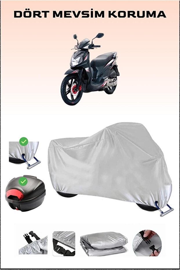 SYM Symphony SR 125 - مشمع دراجة نارية رمادي، حقيبة خلفية وقفل متوافق، آمن