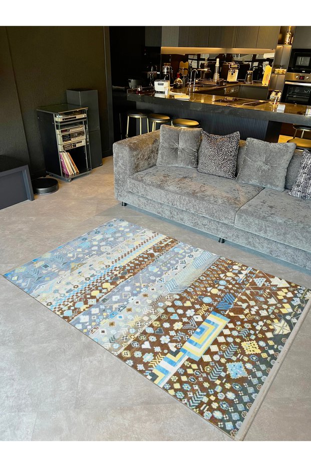 Barcelona Collection Blue Brown Traditional Motif Modern Decorative Carpet Barcelona68