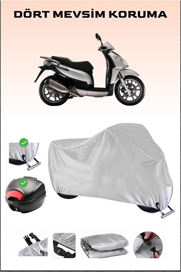 Piaggio Carnaby 200 - مشمع دراجة نارية رمادي، حقيبة خلفية وقفل متوافق، آمن