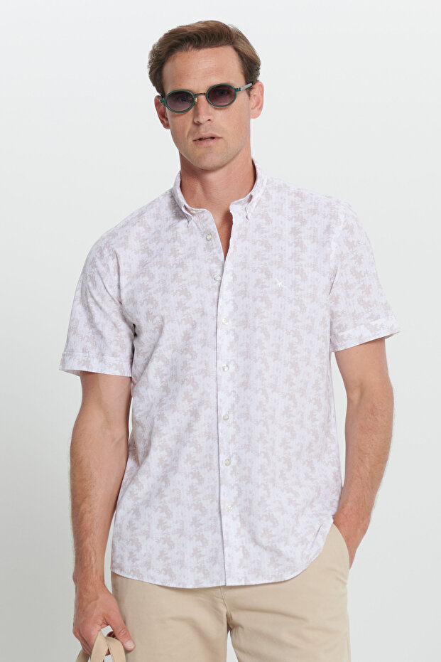 Erkek Beyaz-Bej %100 Pamuk Baskılı Slim Fit Dar Kesim Düğmeli Yaka Gömlek - 1