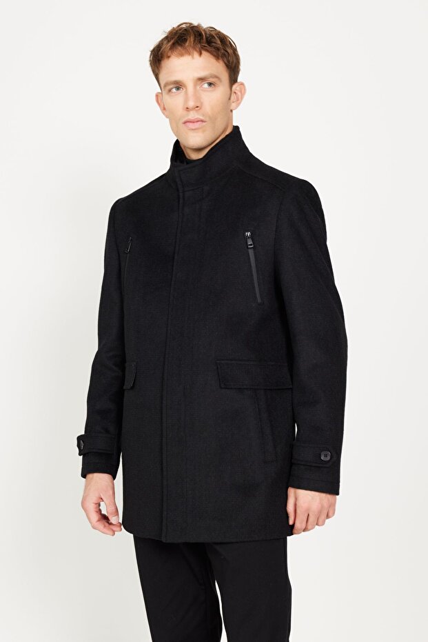 Standart Fit Normal Kesim Gömlek Yaka Yünlü Desenli Palto - 6