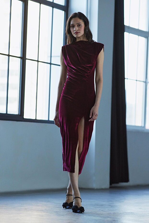 Drapeli Kadife Elbise - 1