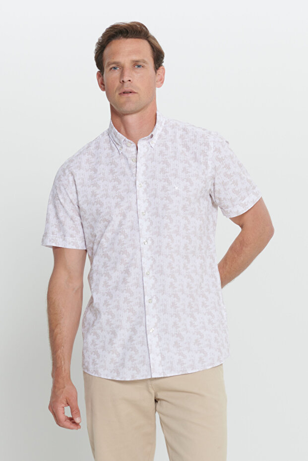 Erkek Beyaz-Bej %100 Pamuk Baskılı Slim Fit Dar Kesim Düğmeli Yaka Gömlek - 3
