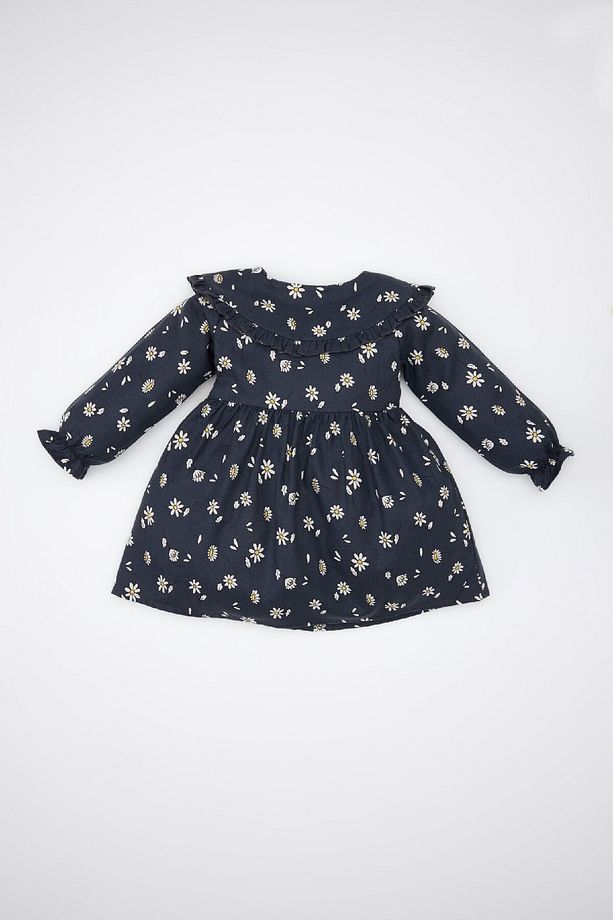 Kız Bebek Çiçekli Uzun Kollu Yakası Fırfırlı Twill Elbise D5633A524WN - 4