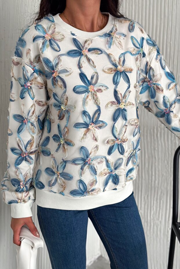 Women's Blue Flower Pattern Tulle and Sequin Sewing Design Cotton Sweatshirt