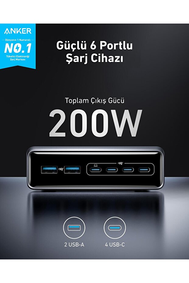 Prime 200W USB-C Şarj Cihazı, 6 Bağlantı Noktalı GaN Şarj İstasyonu, Gümüş - A2683 - 4