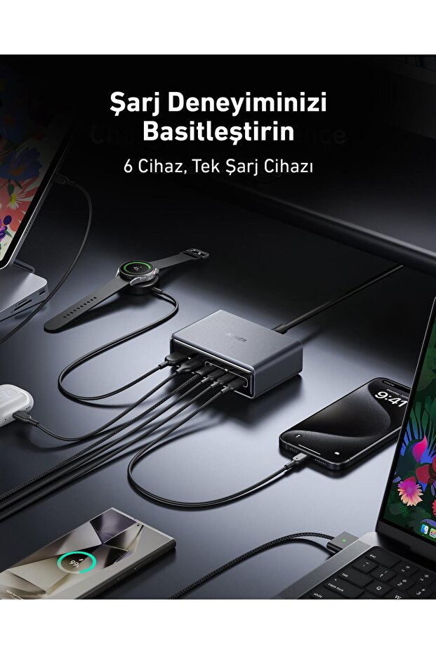 Prime 200W USB-C Şarj Cihazı, 6 Bağlantı Noktalı GaN Şarj İstasyonu, Gümüş - A2683 - 5