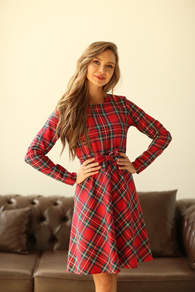 Red Plaid Flared Dress Mother Daughter Combination (Single for Sale)