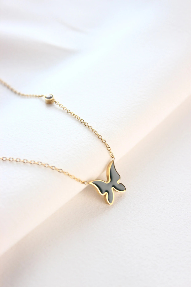 316L Stainless Steel Necklace - Green Butterfly Steel Necklace with Zircon Stone Detail - Anti-Tarnish Necklace