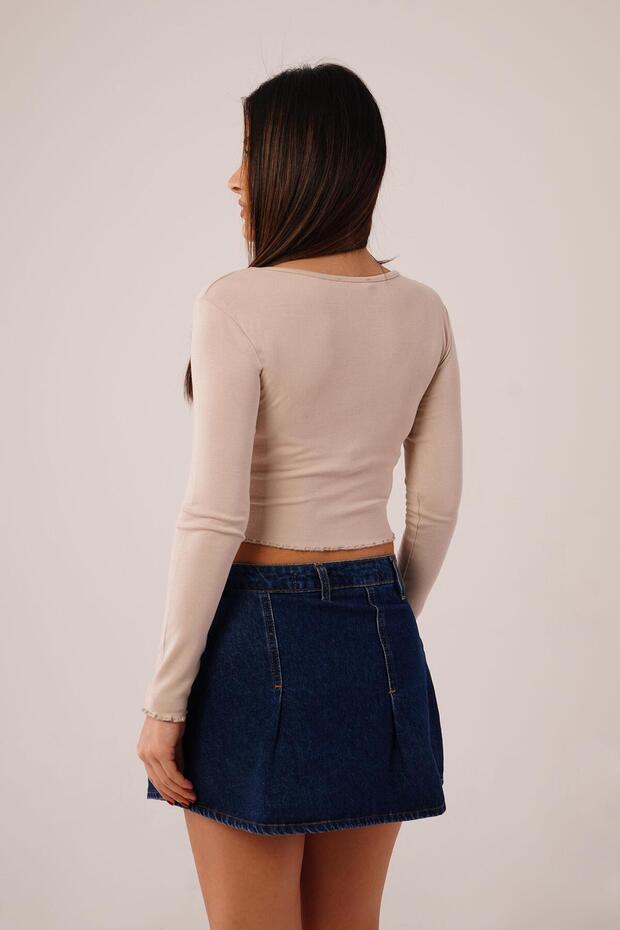 Geniş Yaka Bej Basic Body Bluz - 5