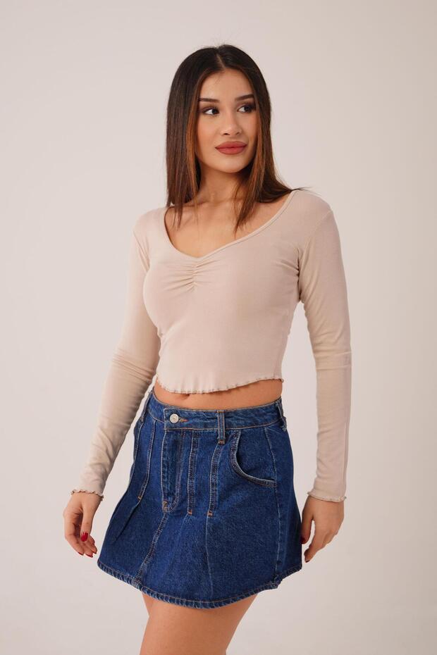 Geniş Yaka Bej Basic Body Bluz - 3