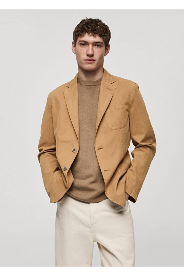 Dar kesim keten-pamuk karışımlı blazer ceket - 1