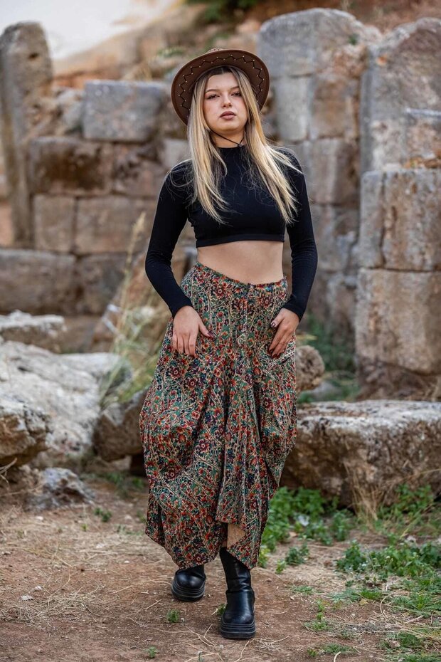 Ethnic Patterned Bohemian Skirt with Lace-Up Waist and Pockets
