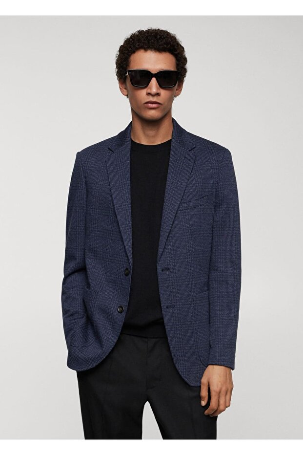 Dar kesim kareli pamuklu blazer ceket - 1