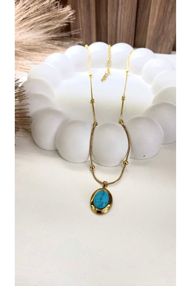 Gold Color Oval Blue Stone Steel Necklace