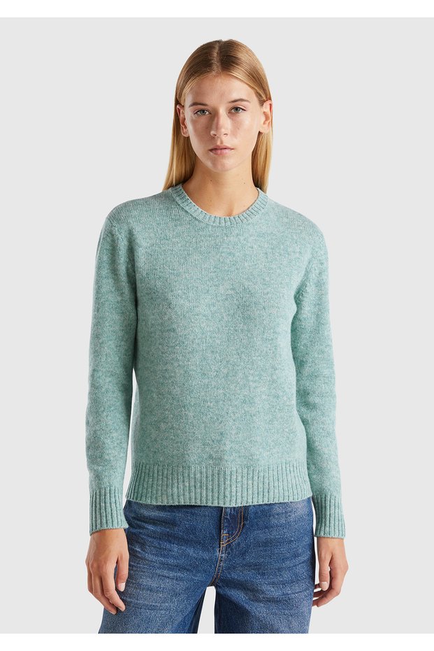 Women's Water Green Crew Neck Shetland Sweater