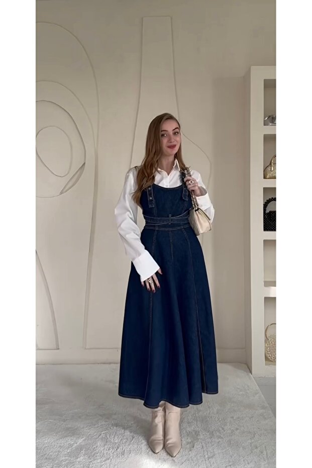 Navy Blue Strappy Denim Midi Dress