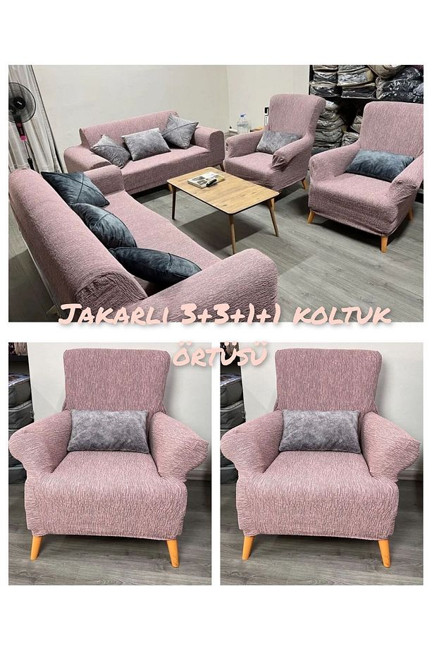 3 3 1 1 Jakarlı Lastikli Streç Esnek Yıkanabilir Pamuklu Koltuk Örtüsü Takımı Koltuk Kılıfı Gaj3311 - 1