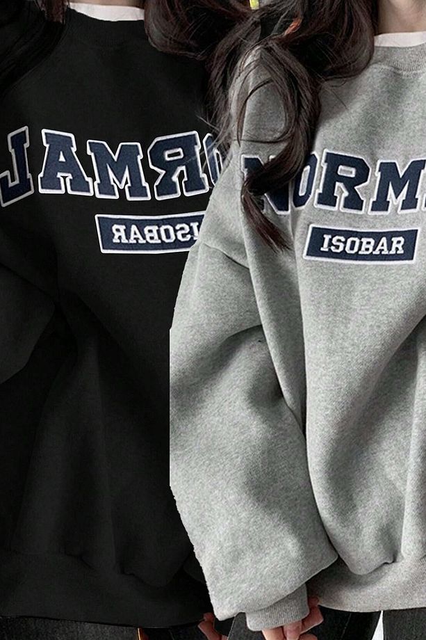 2'Li Normal Isobar Kalın Kışlık Sweatshirt - Siyah Gri Baskılı Oversize Şardonlu Bisiklet Yaka - 1