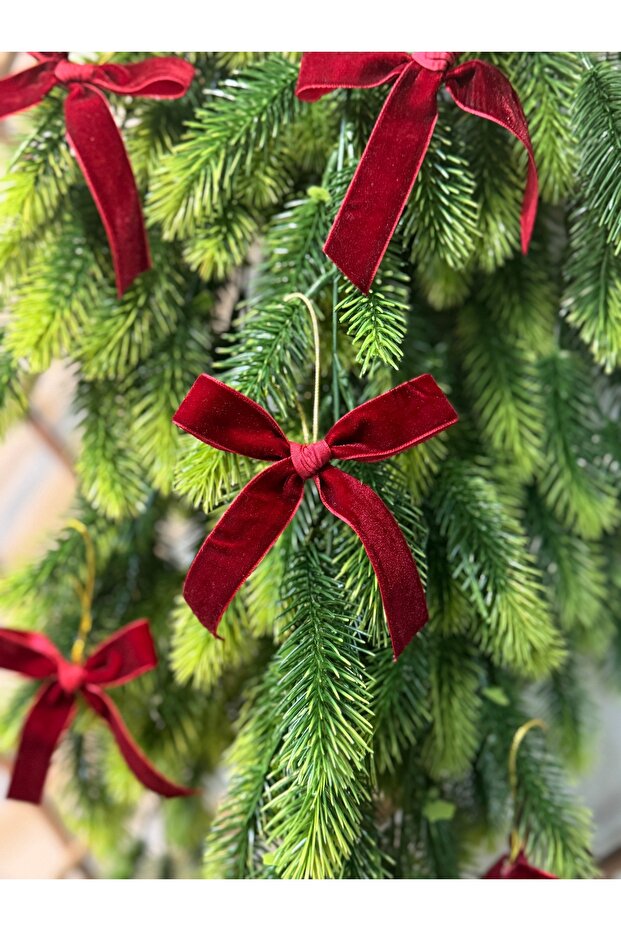 5 Pieces New Year Christmas Tree Ornament Burgundy Velvet Handmade Bow with Gold String