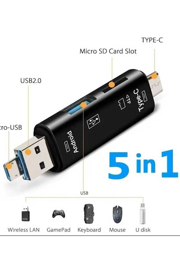 Android için 5'li USB Kart Okuyucu - TF/SD Hafıza Kartı Adaptörü, Type-C & Micro Uyumlu, Siyah - 2