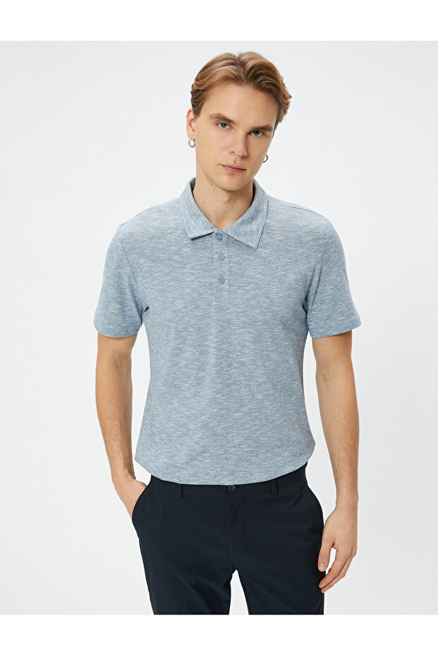 Polo Neck T-Shirt Button Detailed Short Sleeve Gray
