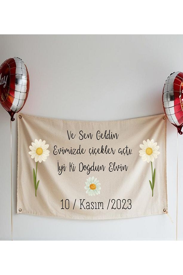 Çiçekli isme Özel Doğum Günü Flaması  Arka Fonu Afişi Duvar Halısı Örtüsü 65x100cm - 1