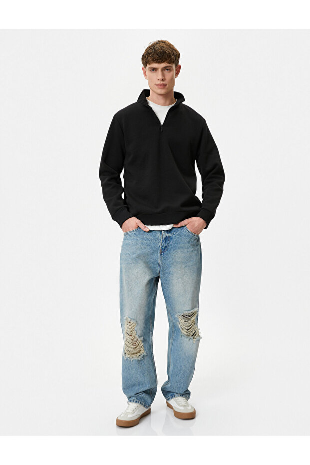 Half Zipper Sweatshirt Basic Stand Collar Ribbed Long Sleeve - 2