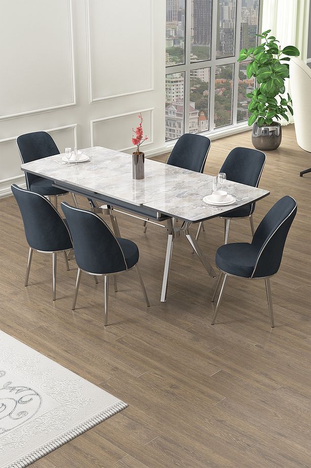 Poy Serisi 89x150 Açılabilir Lak Panel Rampla Gri Krom Ayak Masa Takımı ve 6 Antrasit Sandalye - 2