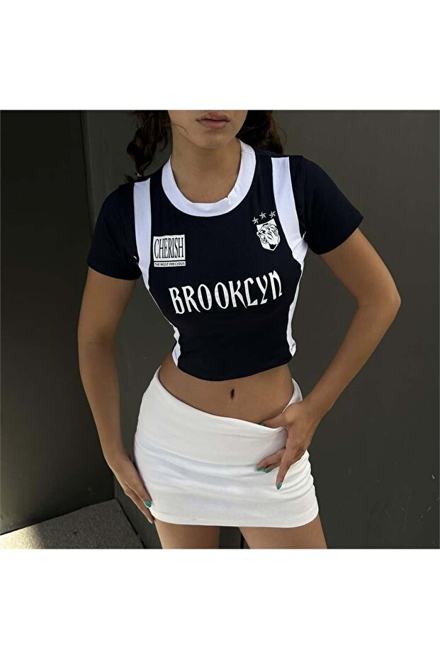 New Black Stripe Detail Brooklyn Y2K Short Sleeve Crop